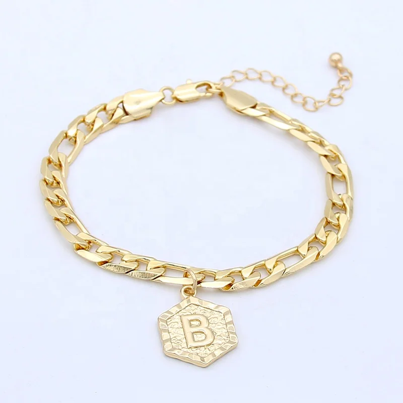 

Gold Color Hexagonal Medal 26 Letter Bracelet Punk Style Thick Chain Geometric Initial Name Charm Bohemia Bracelet Women