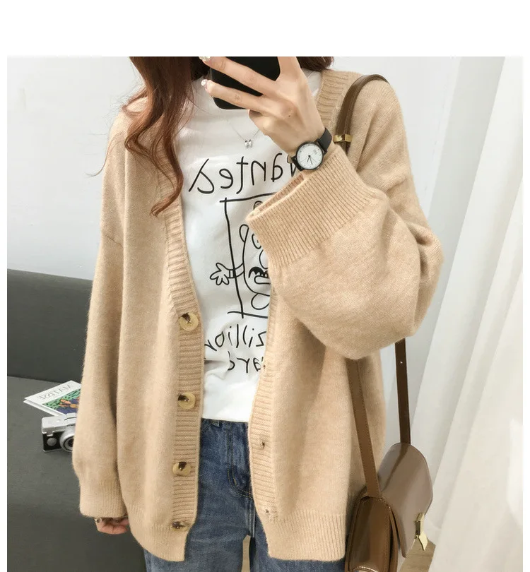 

Women in autumn 2019 plain knit Loose v-neck long-sleeve cardigan for loose knitted