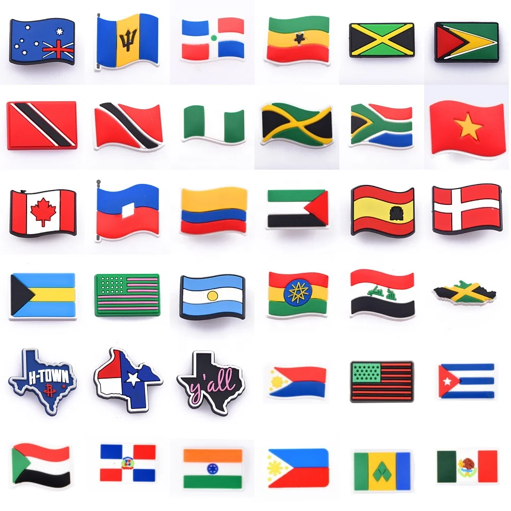 

Hot PVC Shoes Charms Custom Designer PVC Flag Shoes Charms for Clog Shoes and Bracelet Gifts for Kids, Jewelry