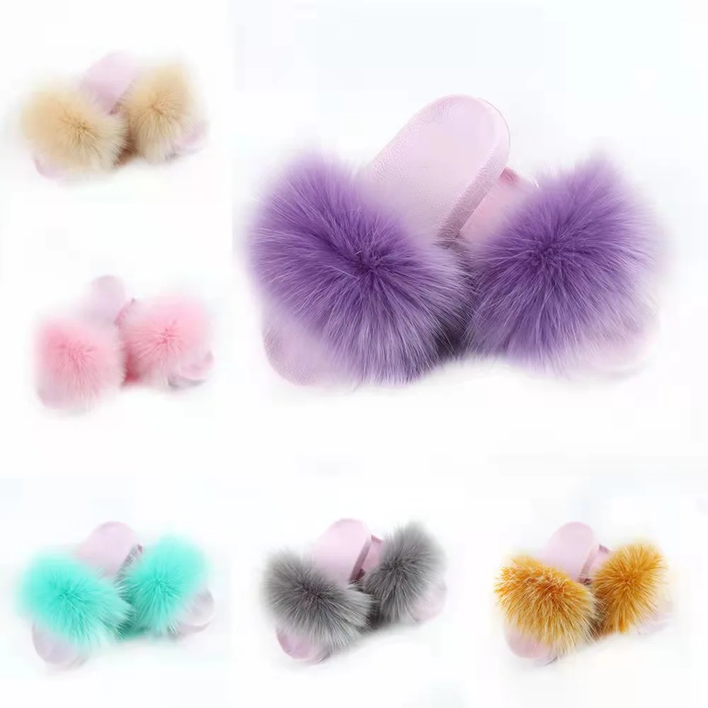 

Luxury Designer Fur Slippers Fluffy Real Big Fox Raccoon Women Big Fur Sandals, Customized color