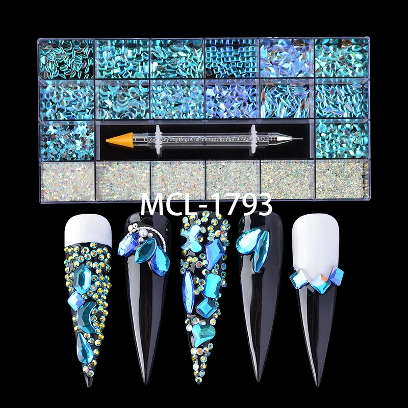 

Aurora Blue Ab Nail Art Rhinestone Box Diamond Colorful Rainbow Mix Shape Nail Crystal Decoration