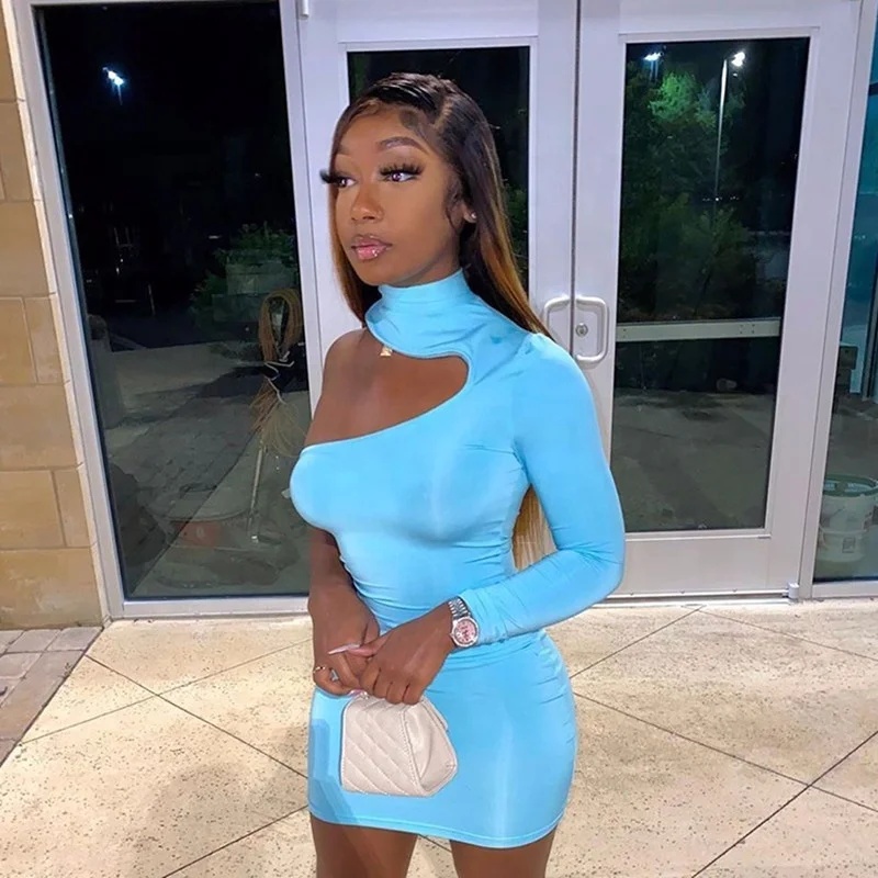 

2021 Hot Sale Women Chic Clothing One Shoulder High Neck Long Sleeve Bodycon Tight Night Club Wear Sexy Party Blue Mini Dress