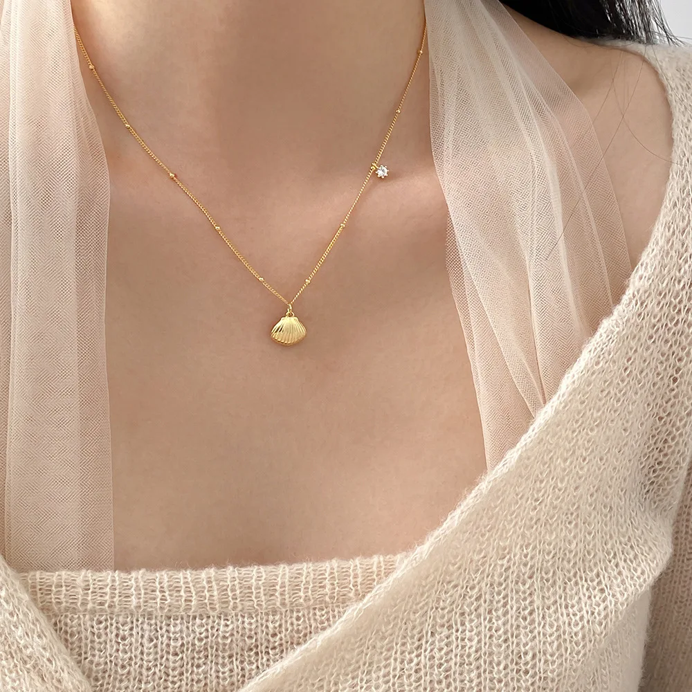 Fine 925 Sterling Silver Shell Pendant Necklace for Women 18K Gold Plated 925 Silver Beads Chain Necklace Jewelry Wholesale