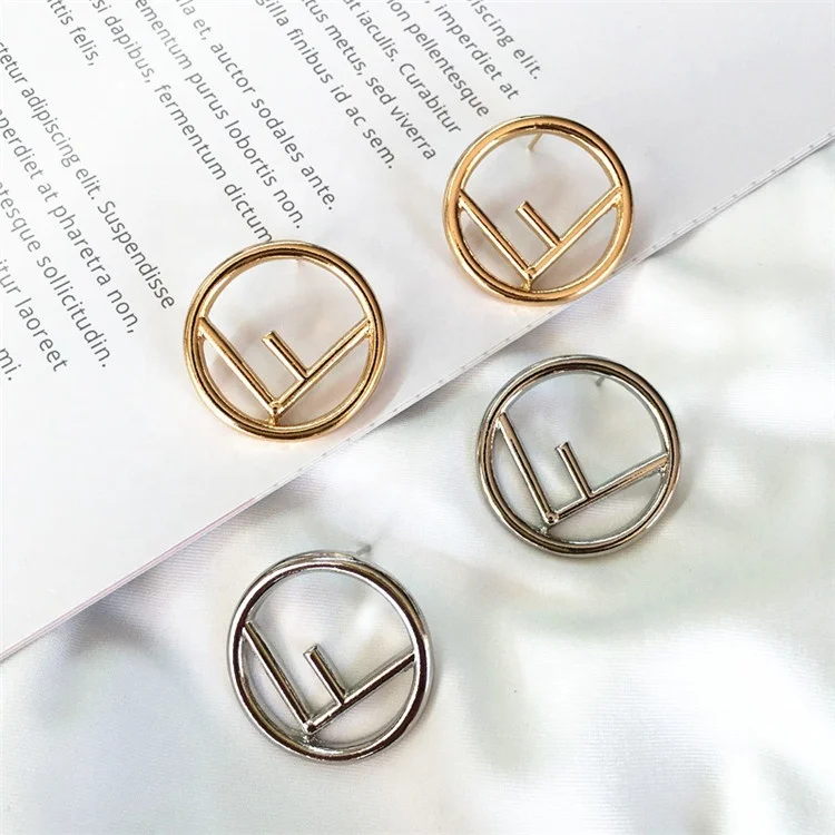 

2019 Trendy design geometric round vintage simple gold plated letter stud hoop earrings for women, Gold/silver