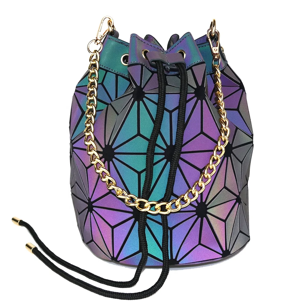 

Ladies laser holographic geometric luminous drawstring bucket chain bags