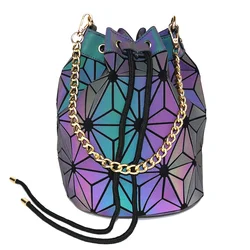 Ladies laser holographic bucket bag geometric luminous bag drawstring bucket bag