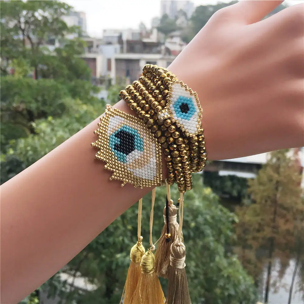 

Latest palm design devil eye 3pcs one set lady seed beads handmade woven tassel miyuki bracelet for women, Gold