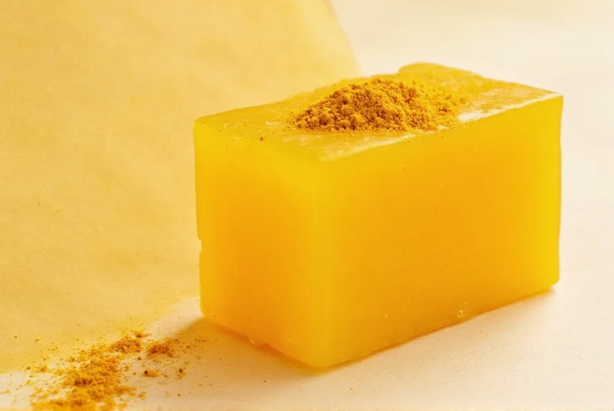 Turmeric root and turmeric soap bar on wooden surface