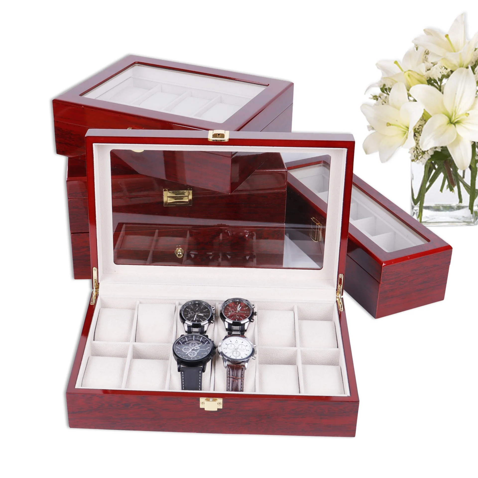 

Factory custom logo luxury velvet pillow wooden storage watch packaging case box