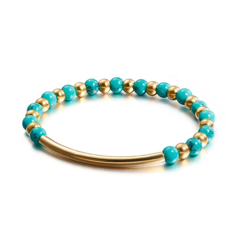 

Dr.Jewelry 2022 New Fashion Gold Plated Stainless Steel Curved Bar Natural Beads Turquoise Stones Beaded Elastic Bracelet, See picture