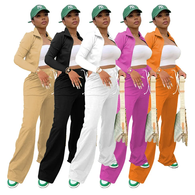 

Turn Down Neck Tracksuit Set For Woman Wide Leg Pants And Crop Top 2 Piece Set Custom Logo Two Piece Pants Set With Zipper, As picture