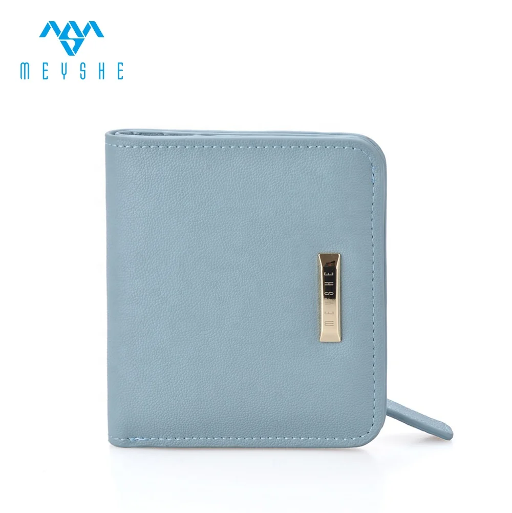 

Hot sale bifold blue pu slim cute short women coin pocket card wallet, Custom
