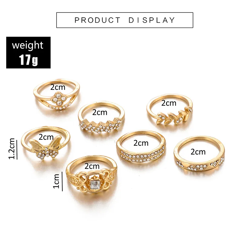 7Pcs/Set Bohemian Retro Jewelry Butterfly Knot Crystal Carved Geometric Gold Ring Set for Women