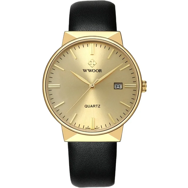 

WWOOR 8826 Quartz Watch Luxury Gold Top Brand Fashion Men Watches Business Wristwatches Leather Relogio Masculino