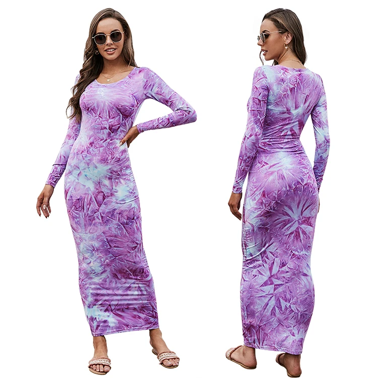 

2021 Women Plus Size Tie Dye O Neck Bodycon Dress Long Sleeve Casual Tight Dress Summer Party Fashion Lady Sexy Long Dresses