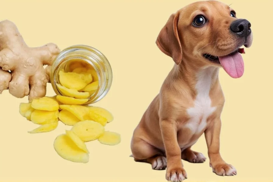 Fresh ginger root slices next to a measuring spoon for dog dosage
