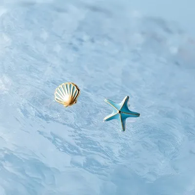 

2021 Latest Fashion Blue Sea S925 Silver Shell Stud Earring Asymmetry 925 Sterling Silver Shell Sea Star Earring