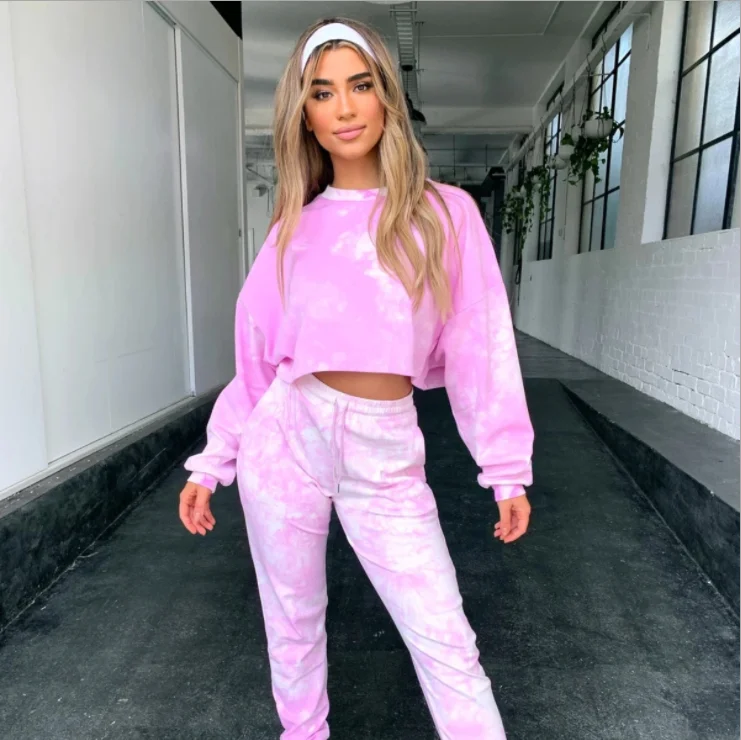 

2021 new arrivals fashion sexy matching women sets fall clothing crop top hoodie tie dye set cotton