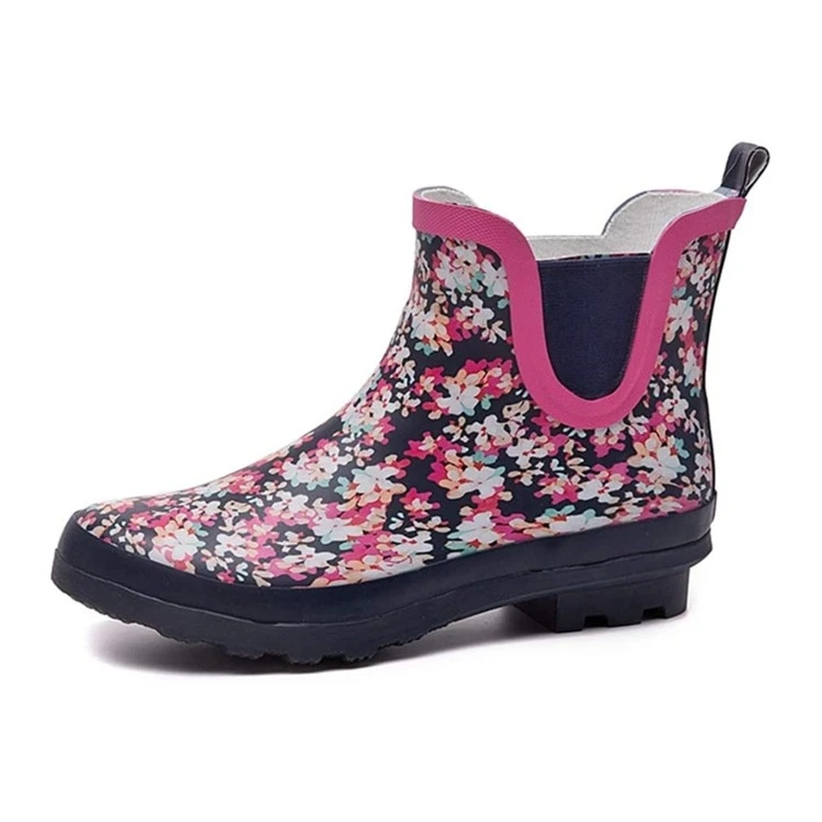 

High Quality Slip On Anti Skid Black Upper Custom Printing Ladies Women'S Rubber Rain Boots