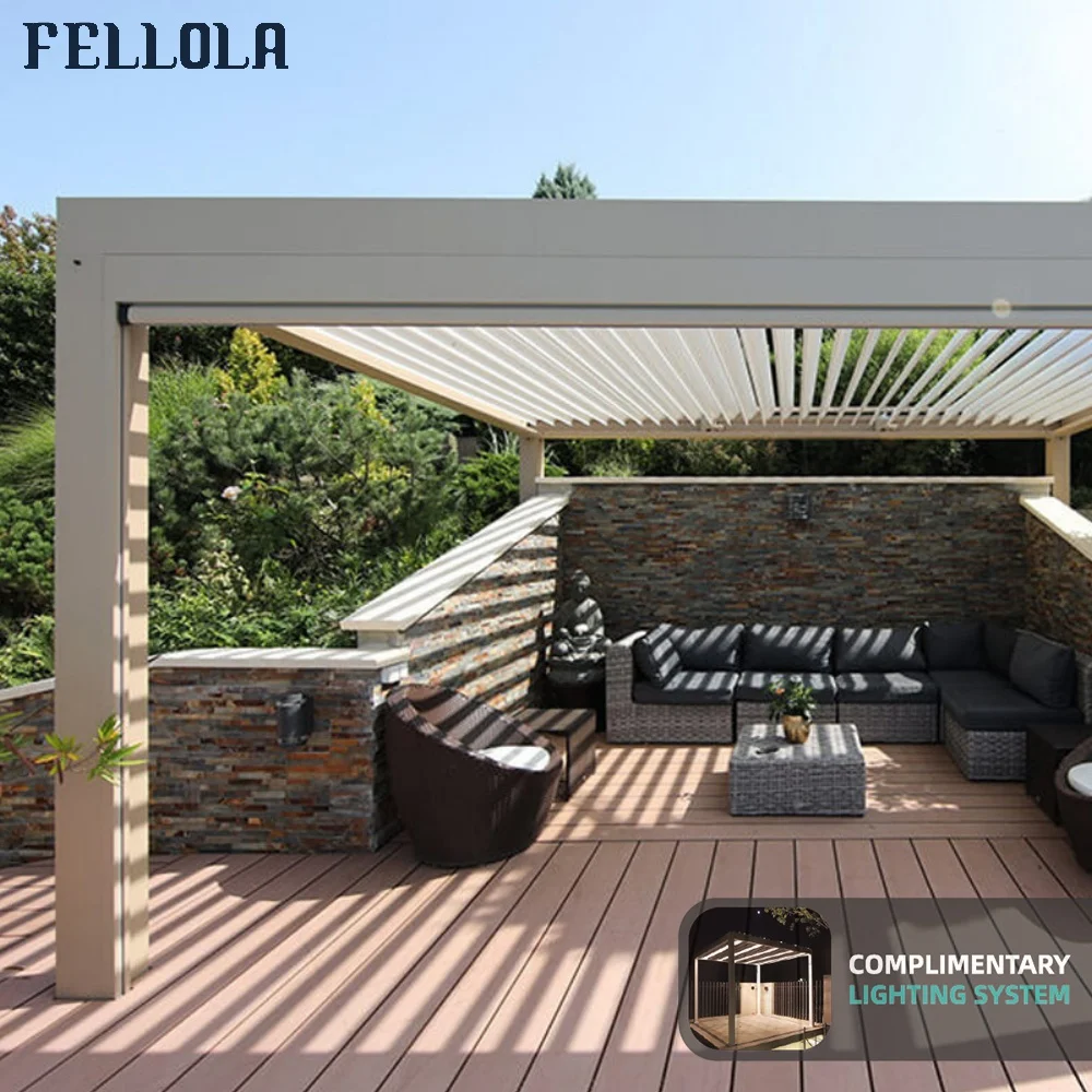 

3*4m Luxury Garden Pergola Aluminum Patio Gazebo Outdoor With Retractable Curtains, White/grey
