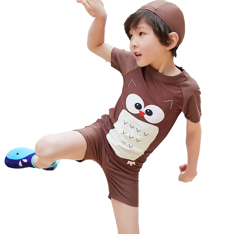 

Kids beach leisure sportswear, sun hat, boys and children, one-piece swimsuit, swimming trunks, quick-drying, pattern: owl
