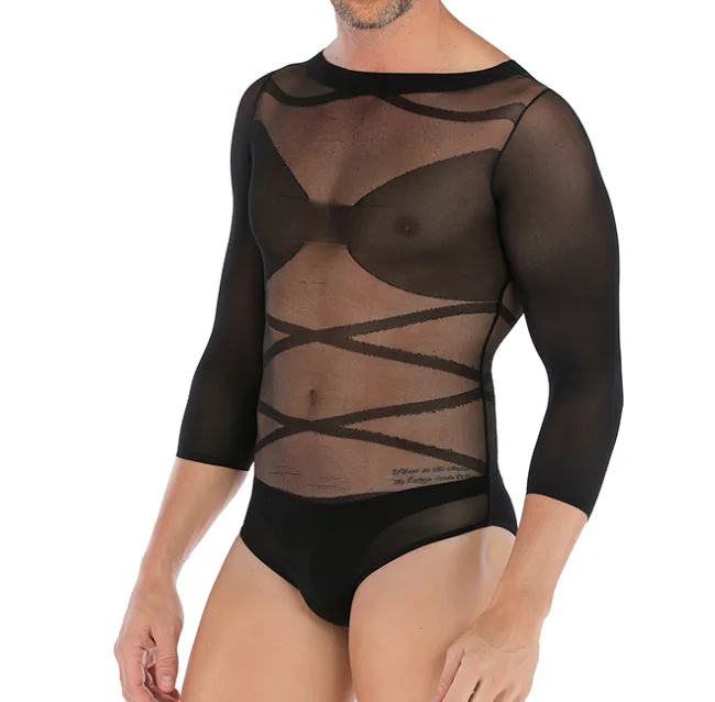

WN190021 Mens Long Sleeve Appealing Jumpsuit Tank Top Underwear See Through Sexy Lingerie Transparent Bodysuit for Male, Black