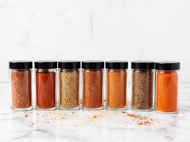 Seven spice jars arranged for homemade fajita seasoning