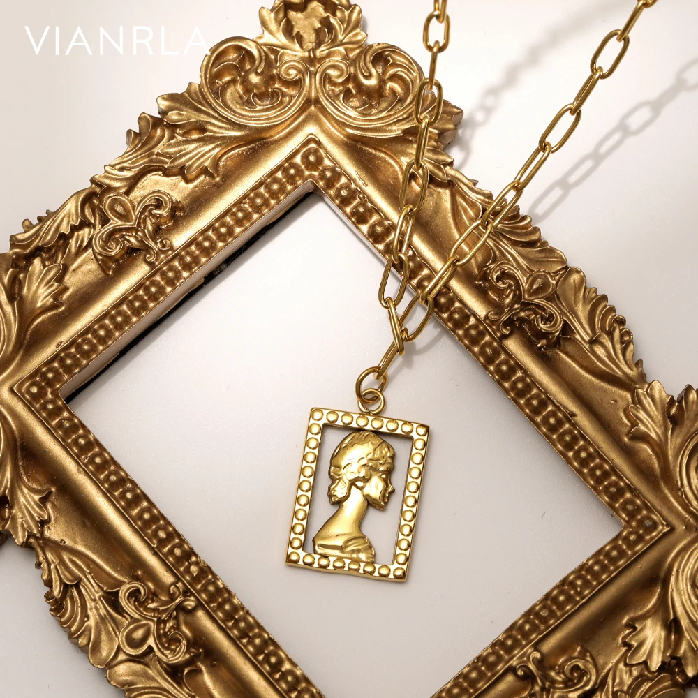 

VIANRLA Goddess Pattern Hollowed Rectangular Pattern Stainless Steel Pendant Necklace 18K Gold Plated Fashion Jewelry