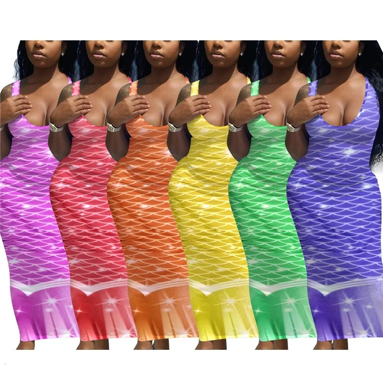 

2021 Casual Female Long Dress Sleeveless Print Fish Scale Sleeveless Dress Women Maxi Dresses