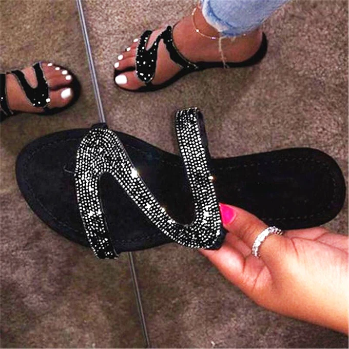 Fashion Shining Diamond Flat Slippers For Women Rhinestone Slippers
