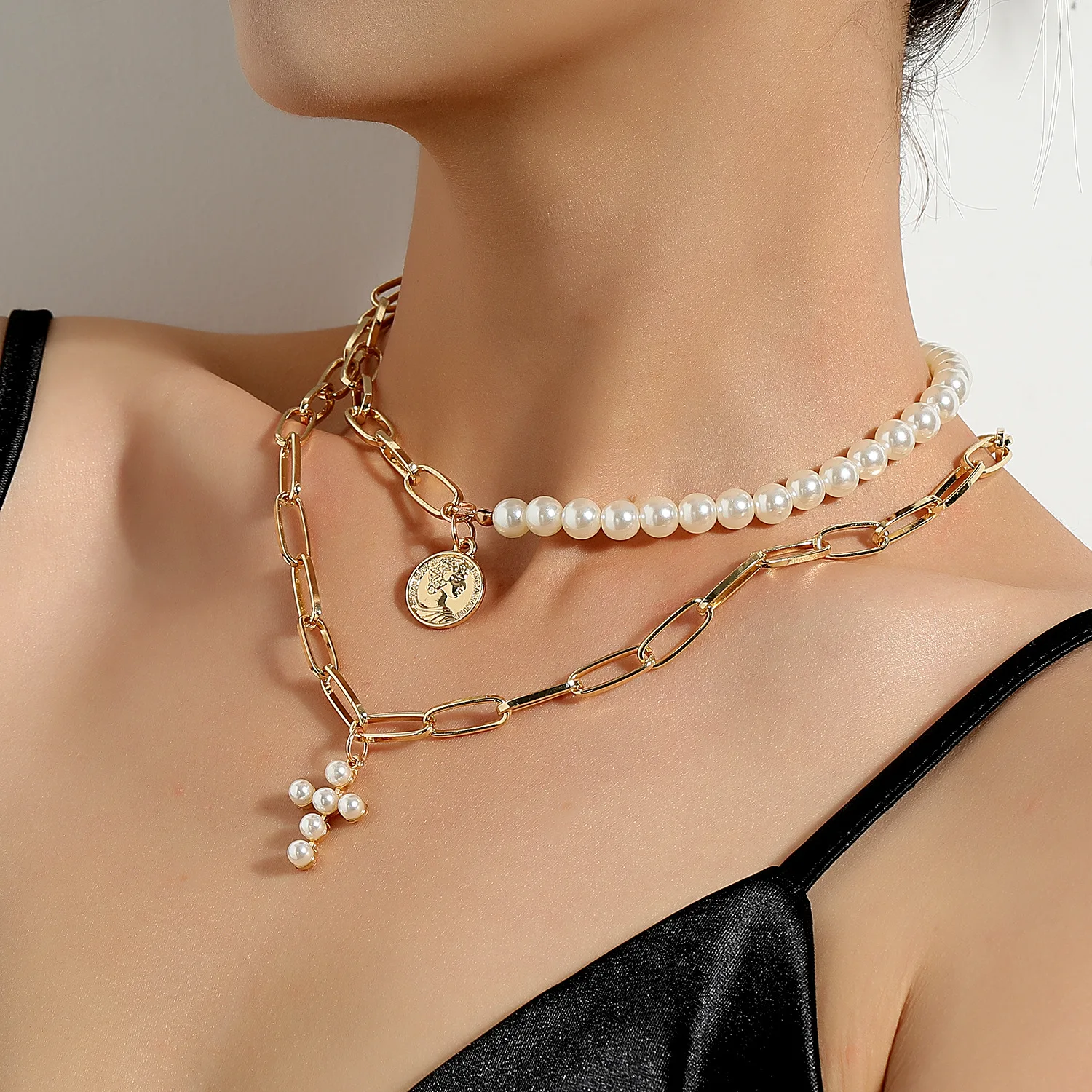 

Double layer retro stacked pearl necklace women punk Fashion Cross Pendant Necklace, Picture