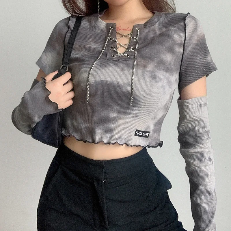 

Autumn Tie Dye Print Female Crop Top Shirts Streetwear Chic Chian V-Neck Hollow Out Long Sleeve Women T-Shirts Harajuku, Pic