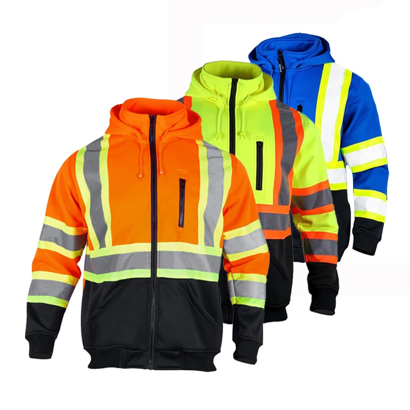 

Ready to Ship High Visibility Safety Sweatshirts Zip Closure Fleece Safety Jacket Jackets Detachable Reflective Work Hoodies