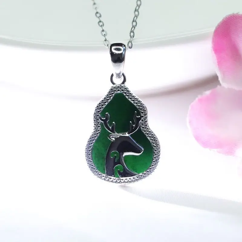 

S925 Silver Inlay Black Jadeite Gourd All The Way To Have You Pendant Jade Factory Live Delivery FC1040905