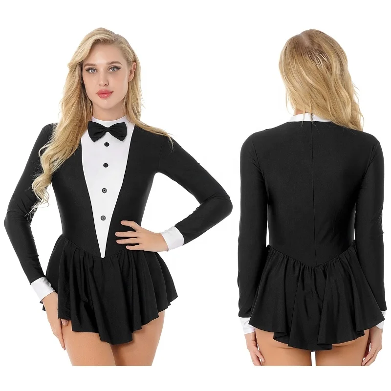 

Womens Contrast Color Tuxedo Waitress Role Play Costume Bowknot Button Long Sleeve Ruffle Dance Dress