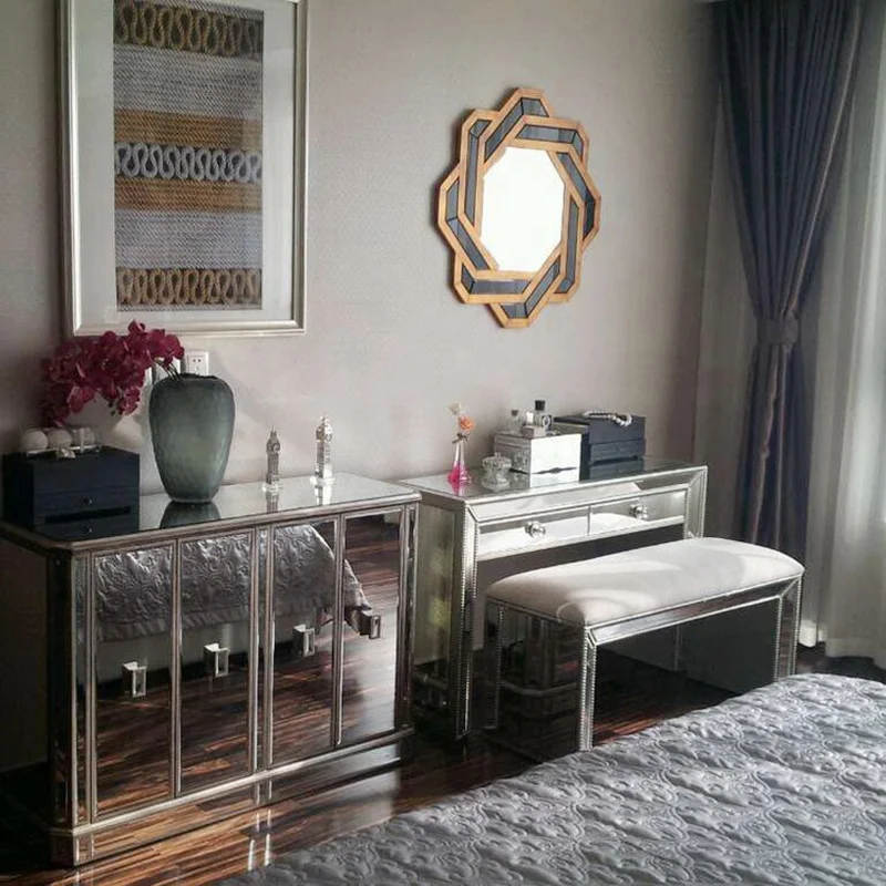 
hand made bead design bevel-edged mirrored high end bed end stool 