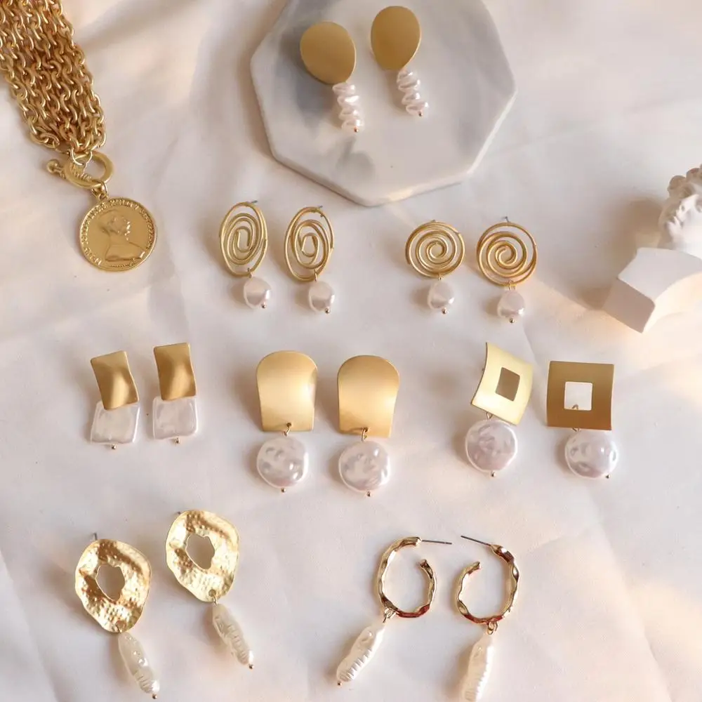 

Fashion Imitation Pearl Drop Earring Geometric Gold Color Metal Dangle Earring Za Jewelry Women Gift