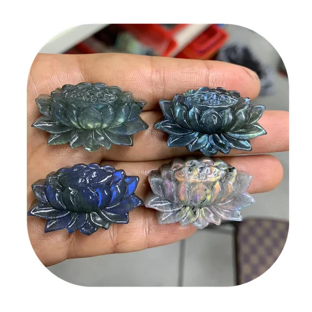 

New arrivals 37mm hand carved crystal crafts natural blue flash sheen labradorite crystal lotus for gift
