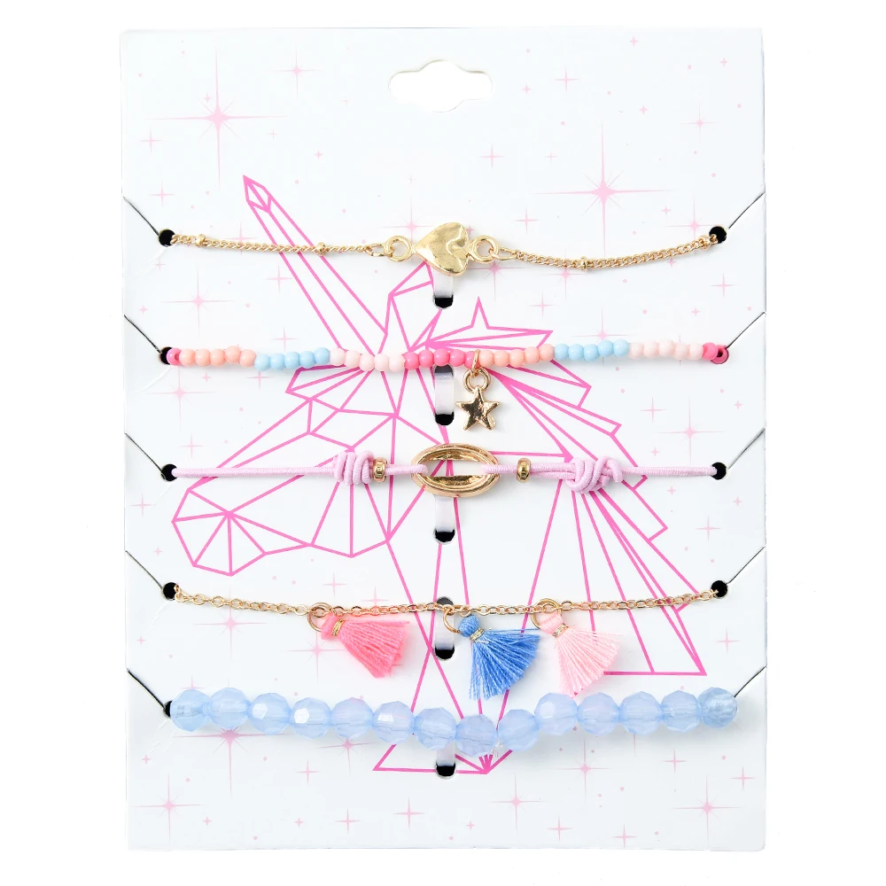 

Veijer High Quality 5PC/Set Gold Chains Acrylic Tassel Blue Shell Pink Bracelet Kids Charm Bracelet Set, Multi