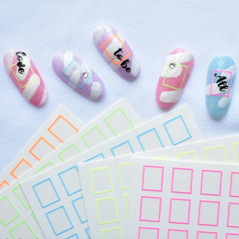 

Paso Sico Wholesale Shimmer Luminous Square Hollow Fluorescent Gold Silver Laser Nail Art Stickers for 3D Nail Art