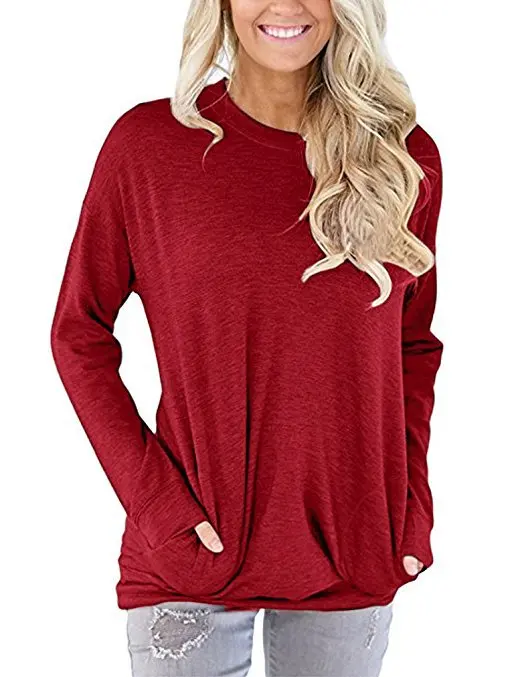 

L252 Customized T Shirt- No Minimum Crew Neck Long Sleeve Blank Pockets Tshirts Women