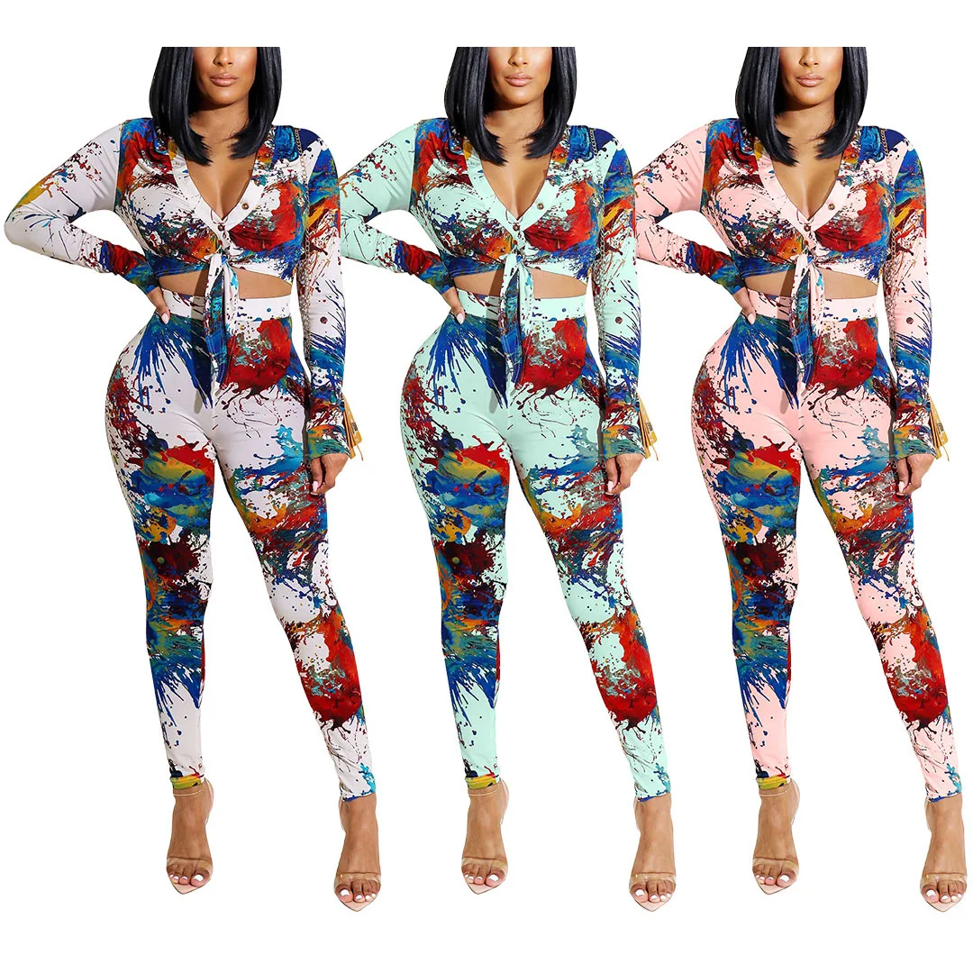 

FS4740D Sexy Fall prints women's long sleeve two pieces pants set Casual club party suit