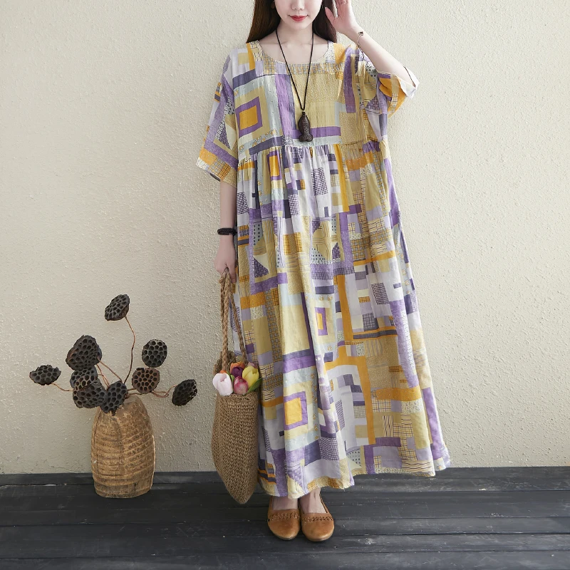 

LN048 Womens Printed Stitching Geometric Pattern Plus Size Short-sleeved Round Neck Mid-length Cotton And Linen A-line Dress