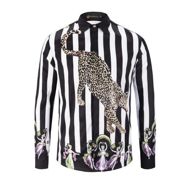 2019 New Arrival Luxury Mens Shirt Fashion Dress Shirt Long Sleeve Striped Print Leopard Casual Slim Fit shirt