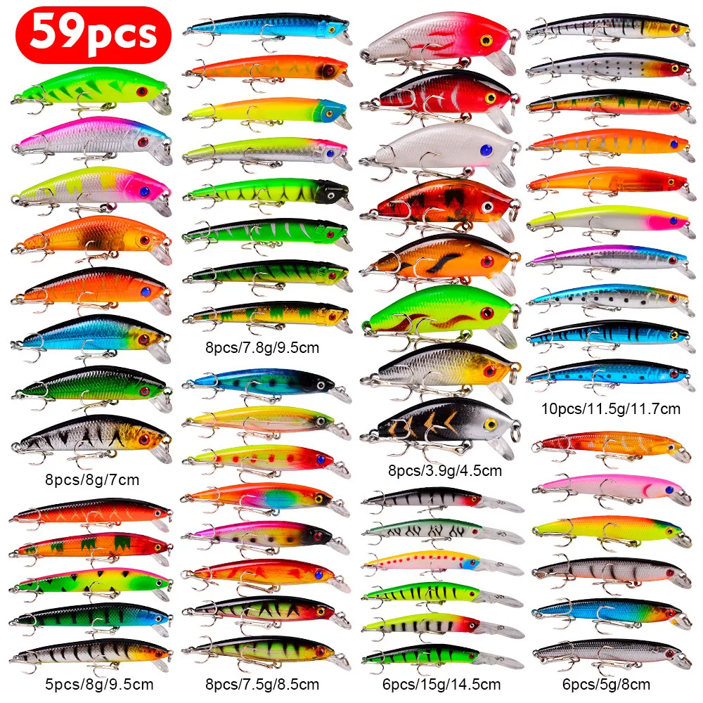 

Amazon Hot Selling 59pcs Minnow Crankbait Pencil VIB Swimbait Hard Body Lure Kits for Bass Pike Fit Saltwater and Freshwater, ,multi-colors