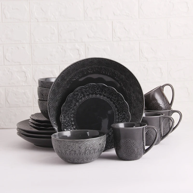 

11" Embossed Lace dark grey black bread mug bowl show plate round dinnerplate service plates kitchen serving dish platter