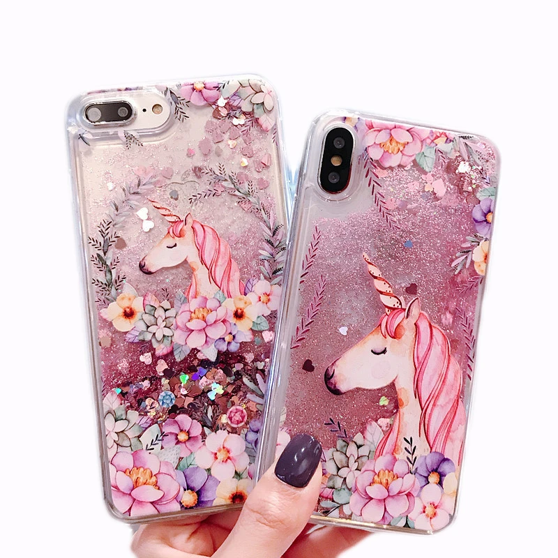

Fashion Soft PC TPU IMD Quicksand Phone Case Custom Designer Cartoon Flamingo Bling Glitter Liquid Quicksand Phone Case, Floral