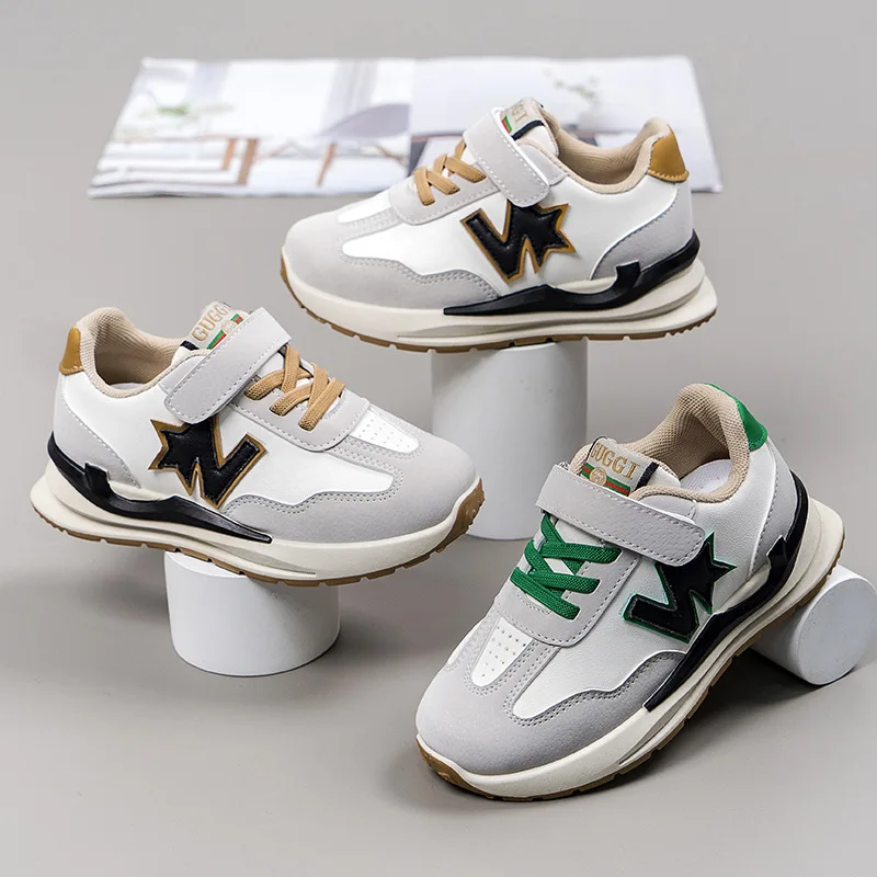 

New Kids's Soft Soled Sneakers Spring: Leather Panels Versatile Casual Running Shoes Children's Boys Girls' Single Shoe Trend