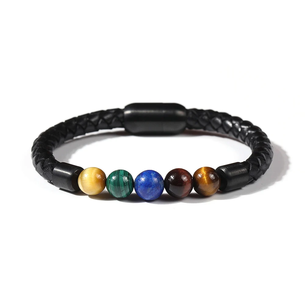 

Hot Natural Stone Beads Matte Clasp Genuine Stainless Steel Man Custom Bracelet Leather, Black genuine leather, matte black clasp,customized color