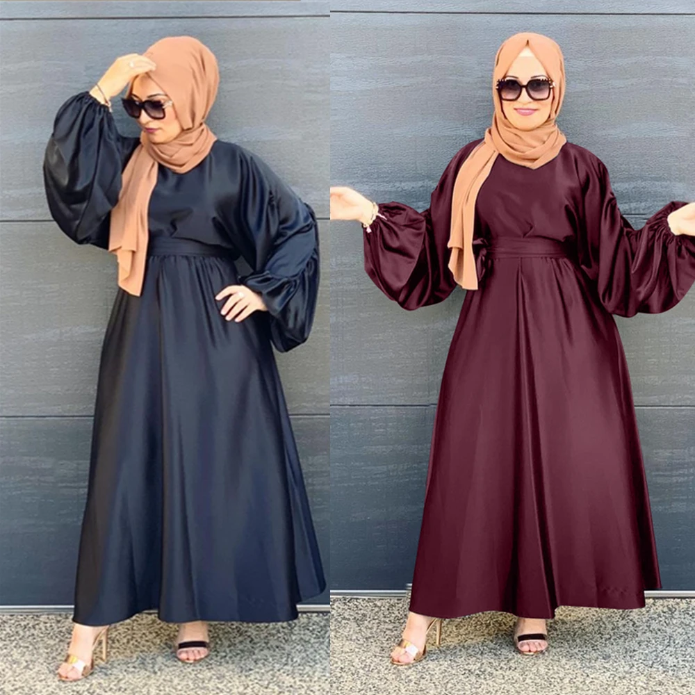 

2020 Latest Luxury satin maxi dress with belt elegent lady maxi dress with belt unique design elegent lady maxi abaya, Black and wine red